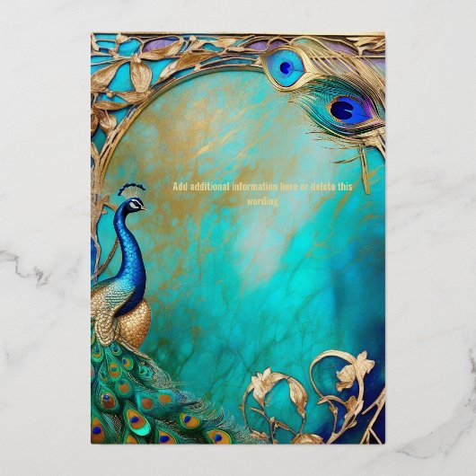 Pfauenfedern Art Nouveau Luxus Folieneinladung (Rückseite)