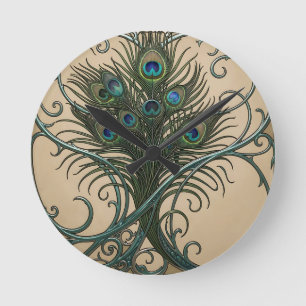 Pfauenfedern Art Nouveau Verzierte Türkis Rahmen Runde Wanduhr