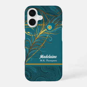 Pfauenfedern auf Türkis Paisley iPhone 16 Hülle