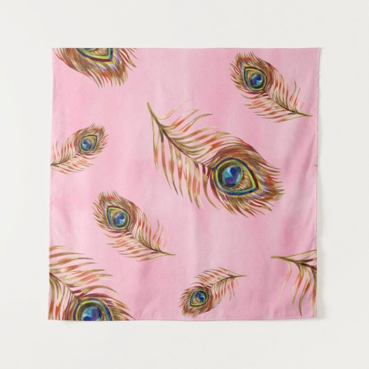 Pfauenfedern aus Gold, wasserfarbenes nahtloses Mu Wandteppich (Vorderseite (Horizontal))