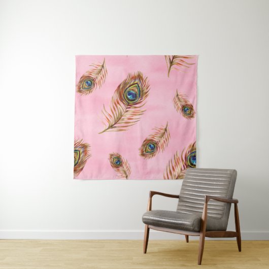 Pfauenfedern aus Gold, wasserfarbenes nahtloses Mu Wandteppich (Beispiel)