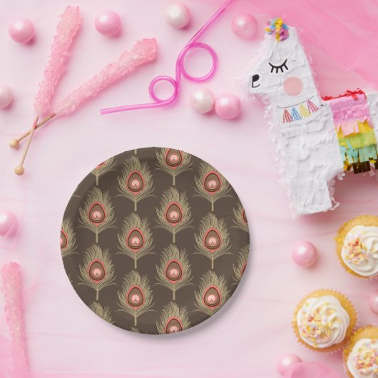 PfauenFedern, Beige auf dunklem Schokoladenbraun Pappteller (Party)