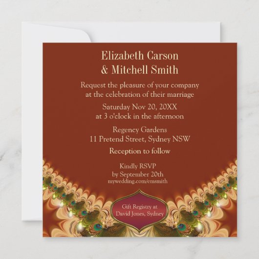 Pfauenfedern & Caramel Lace Hochzeitseinladung Einladung (Rückseite)