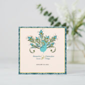 Pfauenfedern Damaskus Hochzeit Einladung (Stehend Vorderseite)