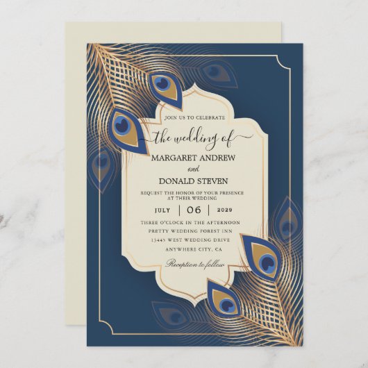 Pfauenfedern Einladung zur Hochzeit (Vorne/Hinten)