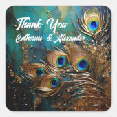 Pfauenfedern elegant quadratischer aufkleber (Vorderseite)