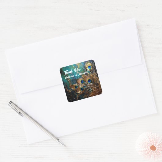 Pfauenfedern elegant quadratischer aufkleber (Umschlag)