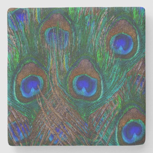 Pfauenfedern Etching Style Steinuntersetzer (Vorderseite)