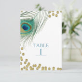Pfauenfedern & Gold Boho Glam Tischzahl Einladung (Stehend Vorderseite)