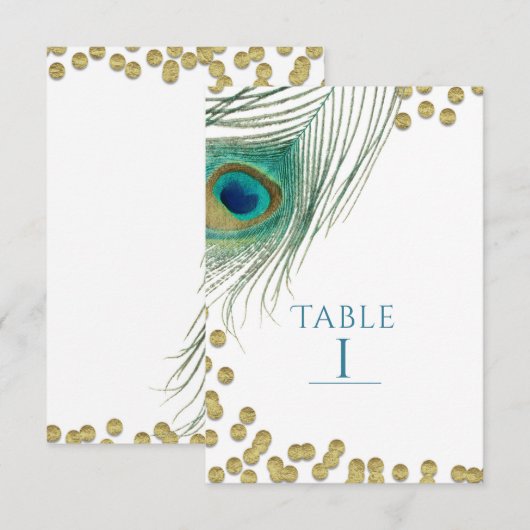 Pfauenfedern & Gold Boho Glam Tischzahl Einladung (Vorne/Hinten)