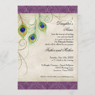 Pfauenfedern Lila Damask Quinceanera-Party Einladung