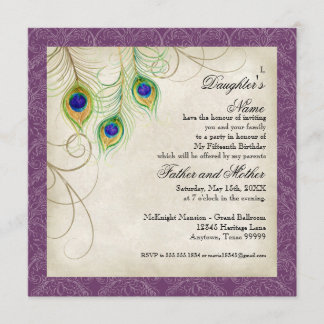 Pfauenfedern Lila Damask Quinceanera-Party Einladung