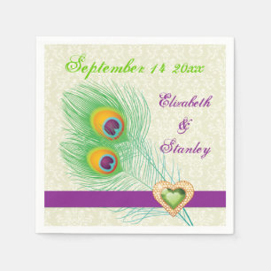 Pfauenfedern lila, grüne Schmuckherz-Hochzeit Serviette