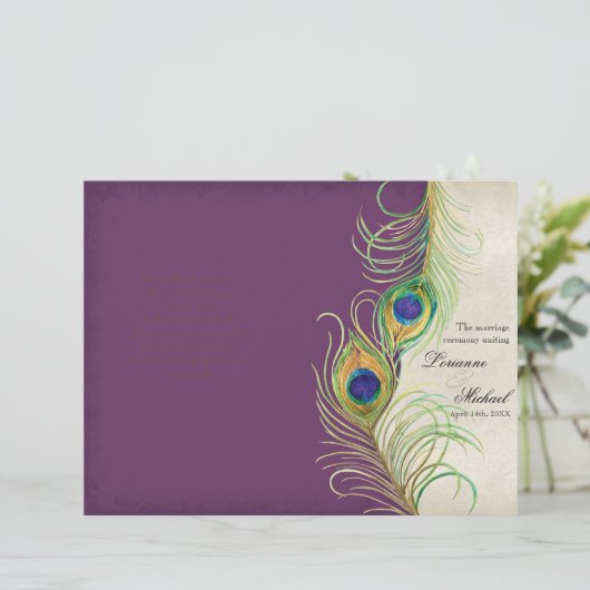 PfauenFedern - Lila Hochzeitsprogramm (Stehend Vorderseite)