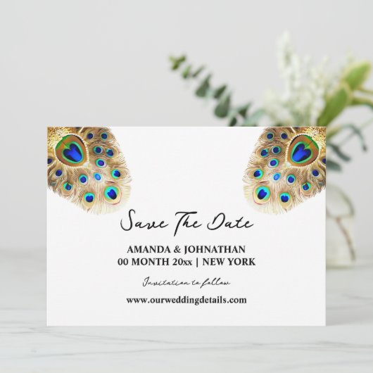 Pfauenfedern luxuriöse Vogelwelt, weißes Gold Save The Date (Stehend Vorderseite)