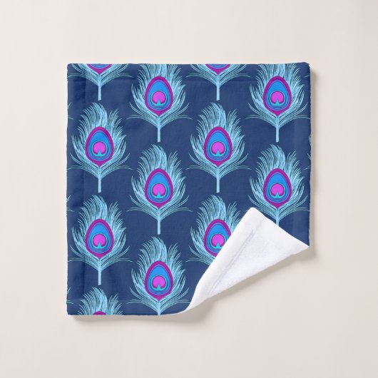 Pfauenfedern, Marine und Pastellblau Badhandtuch Set (Waschlappen)