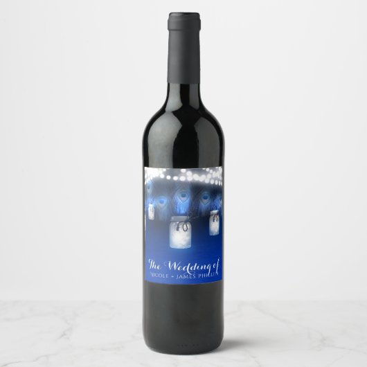 Pfauenfedern, Mason Jar & Lichterkette Wein Weinetikett (Vorderseite)