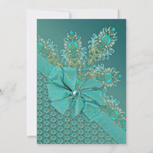 Pfauenfedern mit eleganter Damast-Einladung Einladung (Vorderseite)