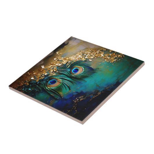 Pfauenfedern mit Goldfolienspritze aus Marmormor Fliese (Seite)