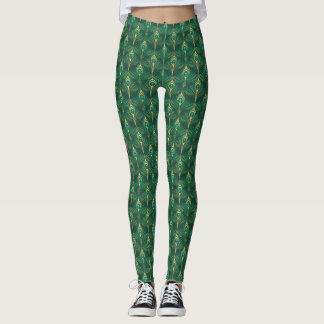 Pfauenfedern-Muster in Smaragdgrün und Gold Leggings