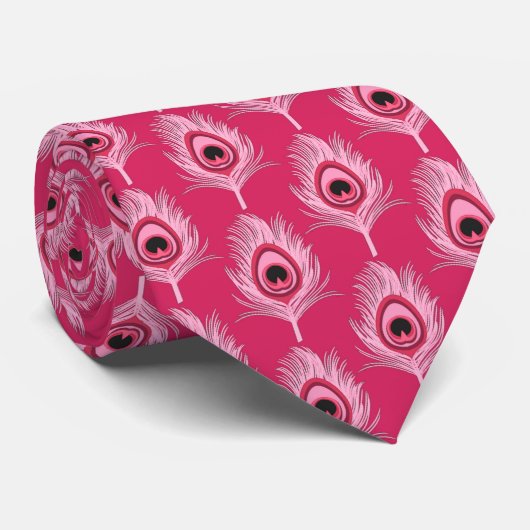 PfauenFedern, Pastellrosa auf Fuchsienrosa Krawatte (Gerollt)