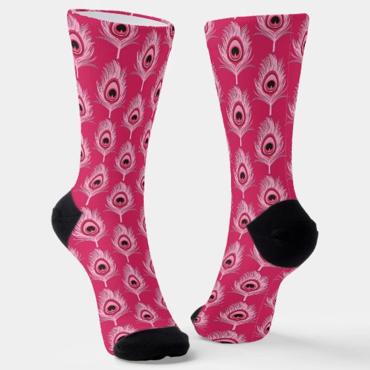 PfauenFedern, Pastellrosa auf Fuchsienrosa Socken (Gewinkelt)