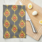 Pfauenfedern, Senfgelb auf Grau / Grau Küchentuch (Viertel Falte)