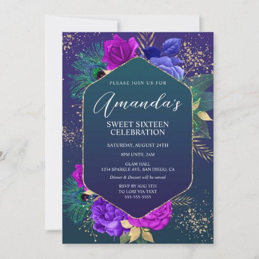 PfauenFedern und Blumengeburtstag Einladung (Vorderseite)