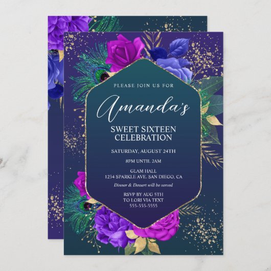 PfauenFedern und Blumengeburtstag Einladung (Vorne/Hinten)