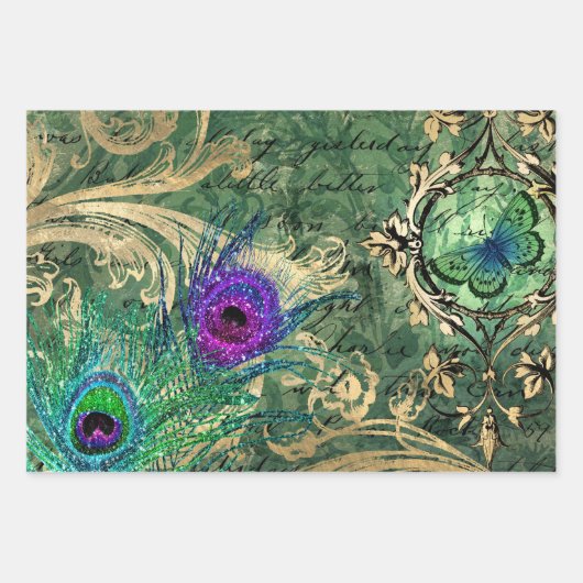 Pfauenfedern und Schmetterling Geschenkpapier Set (Vorderseite)