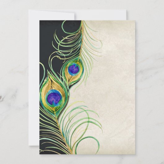 Pfauenfederung Schwarzer Damast Blank Design Einladung (Rückseite)