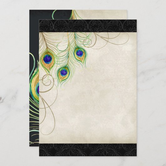 Pfauenfederung Schwarzer Damast Blank Design Einladung (Vorne/Hinten)
