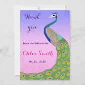 Pfauenförmiges rosa und blaues Brautparty Dankeskarte (Vorderseite)