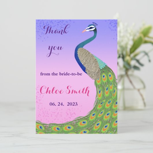 Pfauenförmiges rosa und blaues Brautparty Dankeskarte (Stehend Vorderseite)