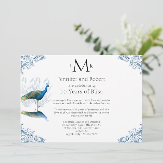 Pfauengarten im blauen Hochzeitstag Einladung (Stehend Vorderseite)