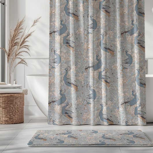 Pfauengarten in Blau Grau Mocha Beige Duschvorhang