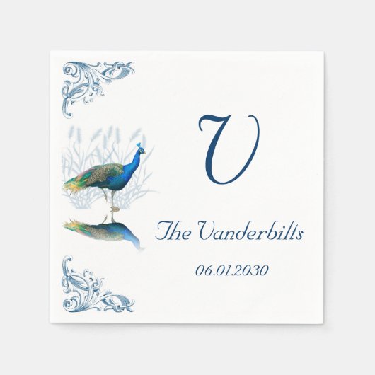 Pfauengarten in Blauer und Weiße Hochzeit Serviette (Vorderseite)