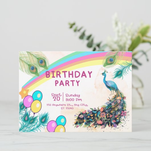 Pfauengeburtstag Einladung (Stehend Vorderseite)