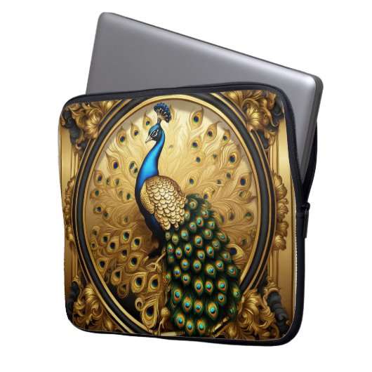 Pfauengold und schwarzer Zierrahmen Laptopschutzhülle (Vorderseite Links)