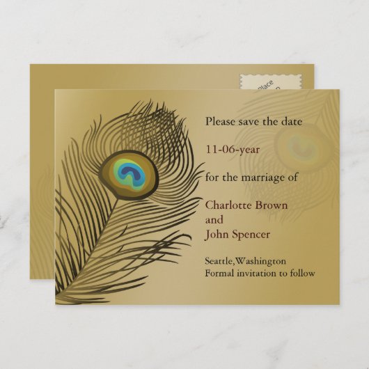 Pfauenhochzeit speichern das Datum Ankündigungspostkarte (Vorne/Hinten)