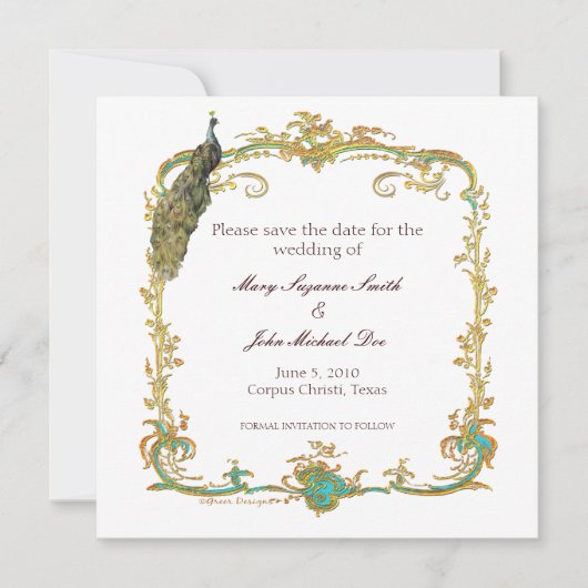 Pfauenhochzeit speichert das Datum der Einladung (Vorderseite)