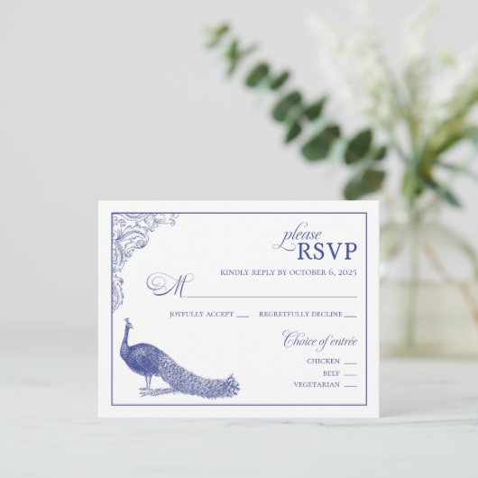 Pfauenhochzeitskarte RSVP Karte (Stehend Vorderseite)