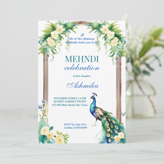 Pfauenjasminbogen Indische Hochzeitsmaschine Einladung (Stehend Vorderseite)