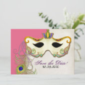 Pfauenmasquerade Maskenball - Save the Date Karte (Stehend Vorderseite)