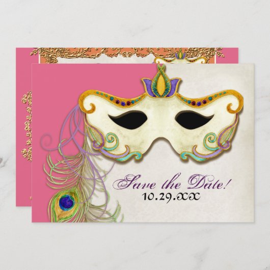 Pfauenmasquerade Maskenball - Save the Date Karte (Vorne/Hinten)