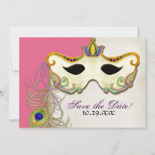 Pfauenmasquerade Maskenball - Save the Date Karte (Vorderseite)