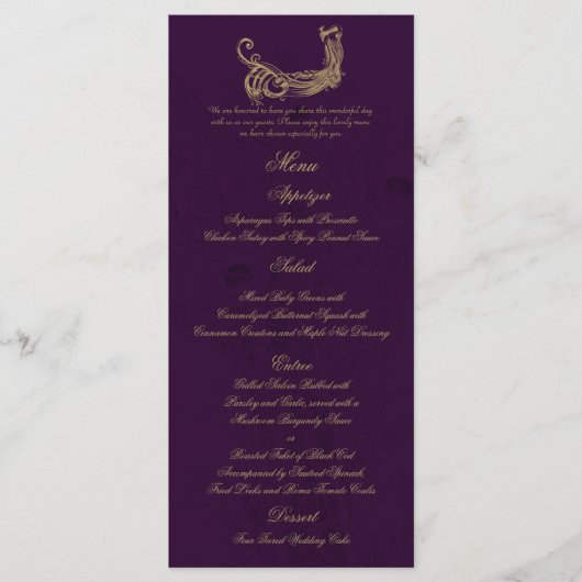 Pfauenregency im Lila Hochzeitmenü Menükarte (Vorderseite)