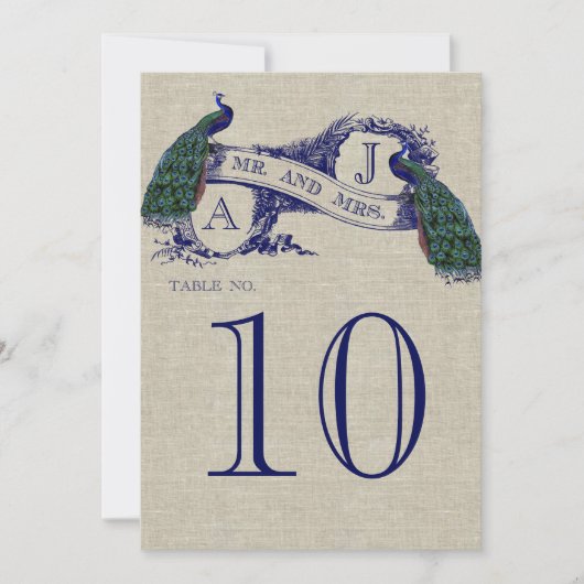 Pfauenrustikale Hochzeitkarte Tischnummer (Vorderseite)