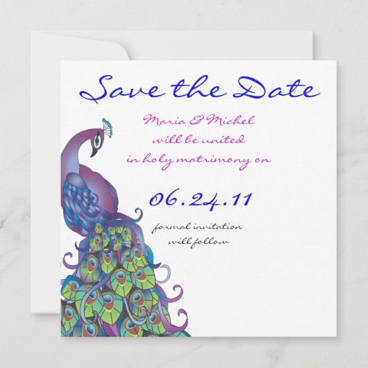 Pfauenthema Hochzeit Einladung Save the Date (Vorderseite)