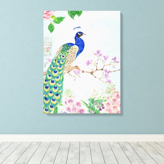 Pfauentiere | Floral Bird | Cooler Pfau Leinwanddruck (Insitu (Holzboden))